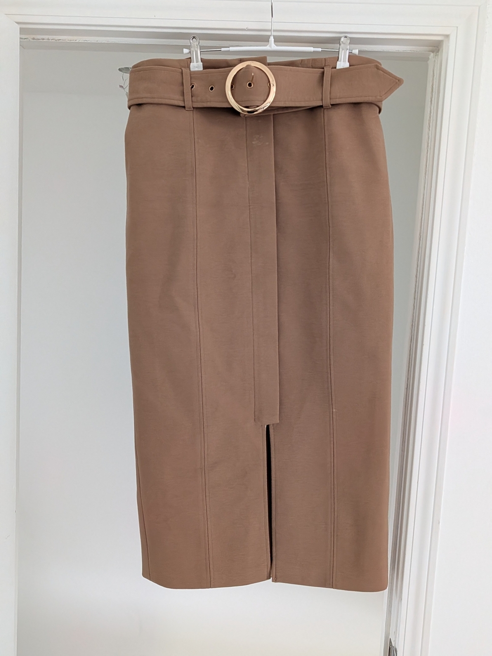 Karen Millen Taupe Belted Paperbag Waist Pencil Skirt